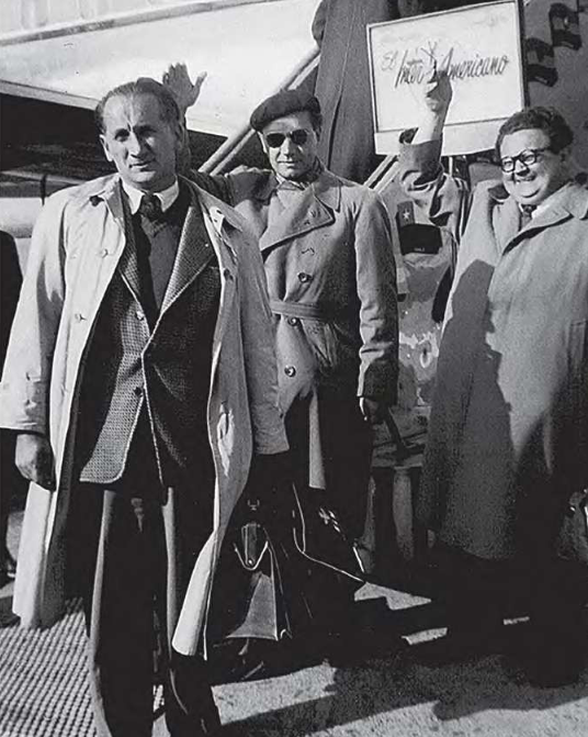 Arrival of the Czechoslovak delegation to Chile, where it participated in the celebration of the fifth Pablo Neruda's fortieth birthday; from left: Jaroslav Kuchvalek, Jan Kostra, Jan Drda; July 1954
